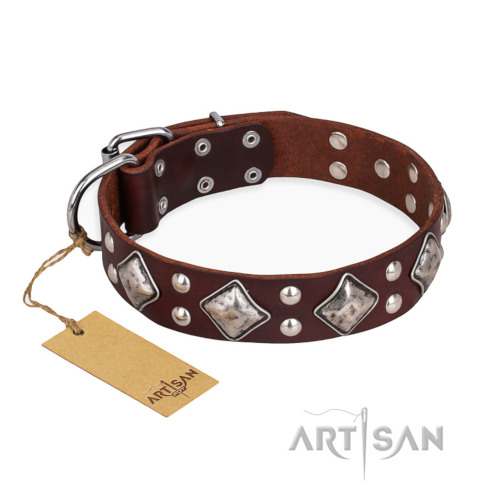FDT Artisanのデザイン’King of Grace’犬用革首輪　ブラウン　シルバー色の装飾付き - ウインドウを閉じる