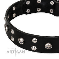 'Mystic Skulls' FDT Artisanデザインのスカルとスタッズ装飾付きデコ革首輪 'Mystic Skulls' FDT Artisanデザインのスカルとスタッズ装飾付きデコ革首輪